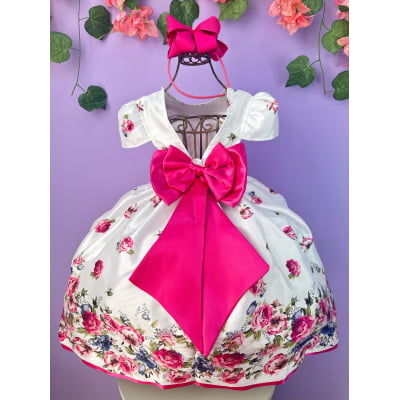 Vestido Infantil Branco Florido Pink e Cinto Strass Pérolas