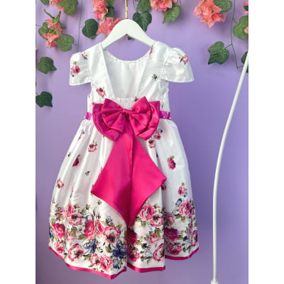 Vestido Infantil Branco Florido Pink e Cinto Strass Pérolas