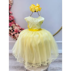 Vestido Infantil Damas de Honra Longo Amarelo Pérolas Strass