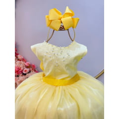 Vestido Infantil Damas de Honra Longo Amarelo Pérolas Strass