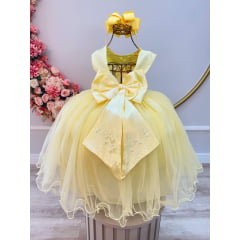 Vestido Infantil Damas de Honra Longo Amarelo Pérolas Strass