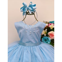 Vestido Infantil Damas de Honra Longo Azul Bebê Pérolas