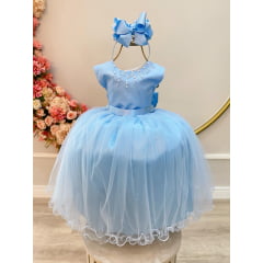 Vestido Infantil Damas de Honra Longo Azul Bebê Pérolas