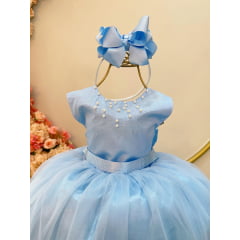 Vestido Infantil Damas de Honra Longo Azul Bebê Pérolas