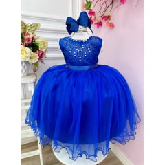 Vestido Infantil Damas de Honra Longo Azul Royal Pérolas