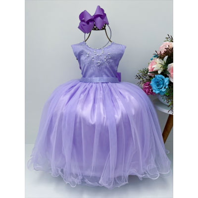 Vestido Infantil Damas de Honra Longo Lilás Pérolas