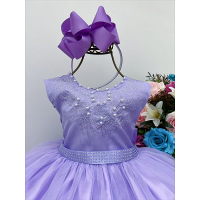 Vestido Infantil Damas de Honra Longo Lilás Pérolas