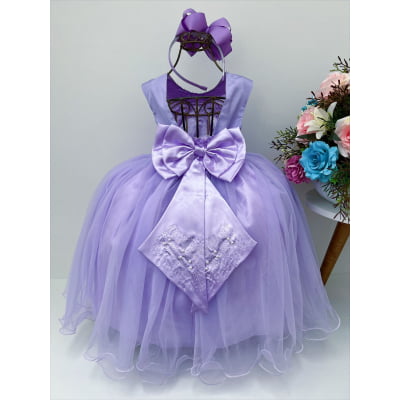 Vestido Infantil Damas de Honra Longo Lilás Pérolas
