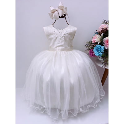Vestido Infantil Damas de Honra Longo Marfim Pérolas