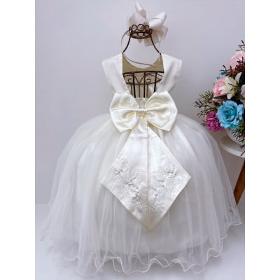 Vestido Infantil Damas de Honra Longo Marfim Pérolas