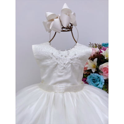 Vestido Infantil Damas de Honra Longo Marfim Pérolas