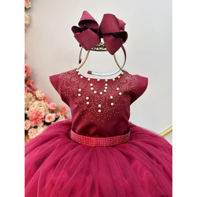Vestido Infantil Damas de Honra Longo Marsala Pérolas