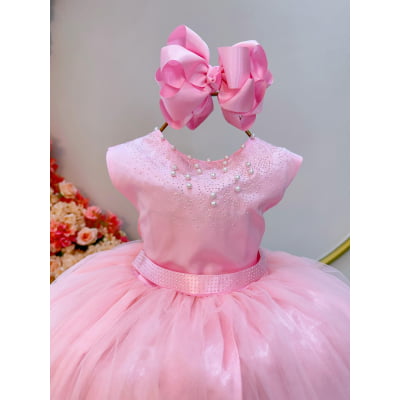 Vestido Infantil Damas de Honra Longo Rosa Pérolas