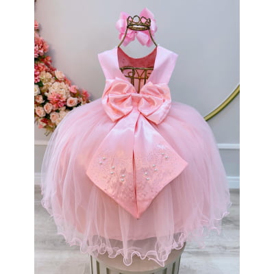 Vestido Infantil Damas de Honra Longo Rosa Pérolas