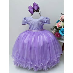 Vestido Infantil Lilás Strass Damas Luxo Mangas Princesas