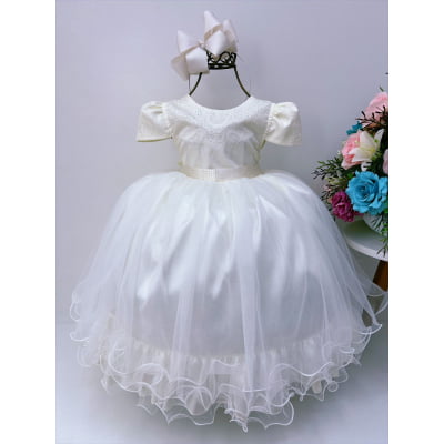 Vestido Infantil Marfim Strass Damas Luxo Mangas