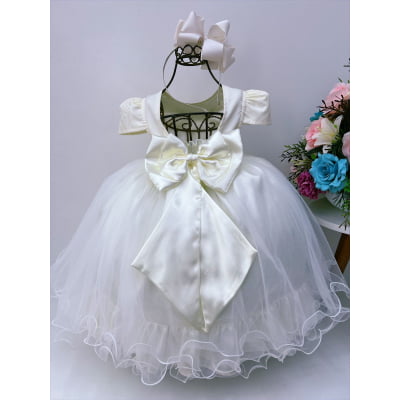 Vestido Infantil Marfim Strass Damas Luxo Mangas