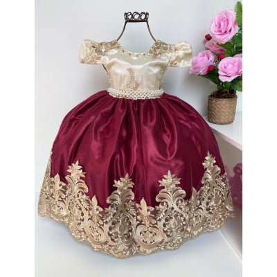 Vestido Infantil Marsala e Marfim Luxo Pérolas Rendado