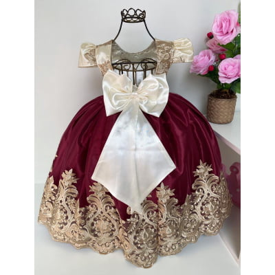 Vestido Infantil Marsala e Marfim Luxo Pérolas Rendado