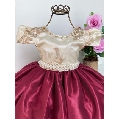 Vestido Infantil Marsala e Marfim Luxo Pérolas Rendado