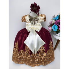 Vestido Infantil Marsala e Marfim Luxo Pérolas Rendado