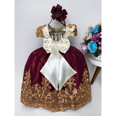 Vestido Infantil Marsala e Marfim Luxo Pérolas Rendado