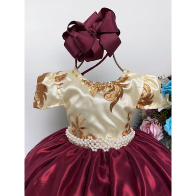 Vestido Infantil Marsala e Marfim Luxo Pérolas Rendado