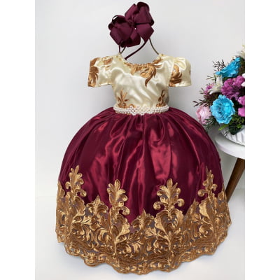 Vestido Infantil Marsala e Marfim Luxo Pérolas Rendado