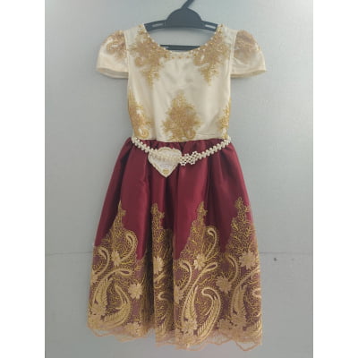 Vestido Infantil Marsala Marfim Luxo Pérolas Renda