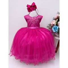 Vestido Infantil Pink Damas de Honra Longo Pérolas e Strass