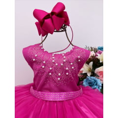 Vestido Infantil Pink Damas de Honra Longo Pérolas e Strass