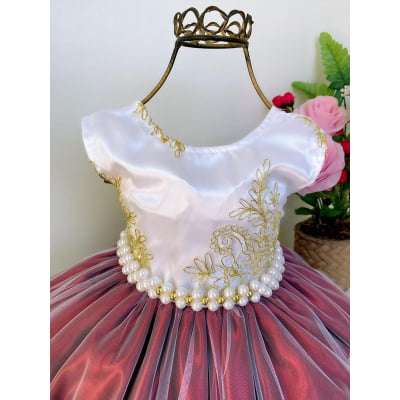 Vestido Infantil Realeza Marsala Peito Branco Renda Dourada