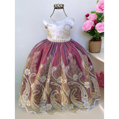 Vestido Infantil Realeza Marsala Peito Branco Renda Dourada