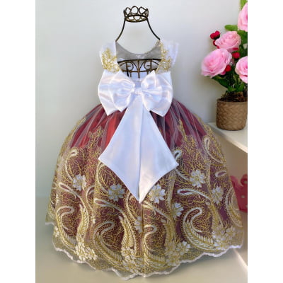Vestido Infantil Realeza Marsala Peito Branco Renda Dourada