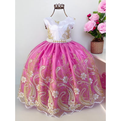 Vestido Infantil Realeza Pink Peito Branco Renda Dourada