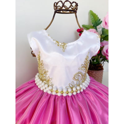 Vestido Infantil Realeza Pink Peito Branco Renda Dourada