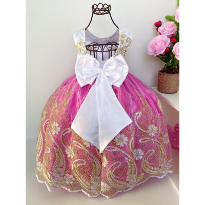 Vestido Infantil Realeza Pink Peito Branco Renda Dourada
