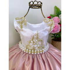 Vestido Infantil Realeza Rosê Peito Branco Renda Dourada