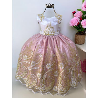 Vestido Infantil Realeza Rosê Peito Branco Renda Dourada