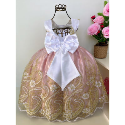 Vestido Infantil Realeza Rosê Peito Branco Renda Dourada