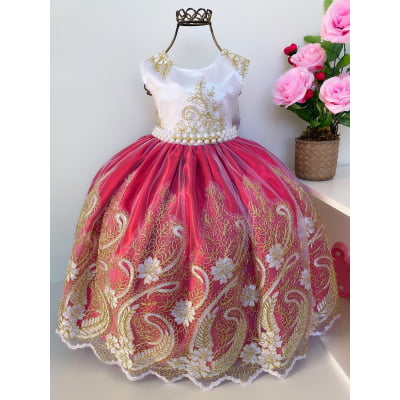Vestido Infantil Realeza Vermelho Peito Branco Renda Dourada