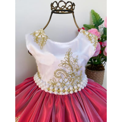 Vestido Infantil Realeza Vermelho Peito Branco Renda Dourada