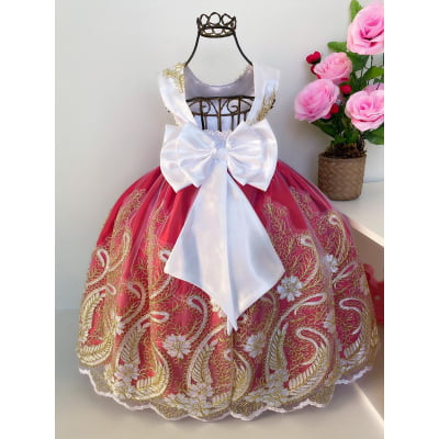 Vestido Infantil Realeza Vermelho Peito Branco Renda Dourada