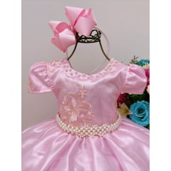 Vestido Infantil Rosa Rendado Casamento Damas Luxo Pérolas