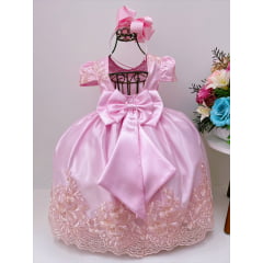 Vestido Infantil Rosa Rendado Casamento Damas Luxo Pérolas