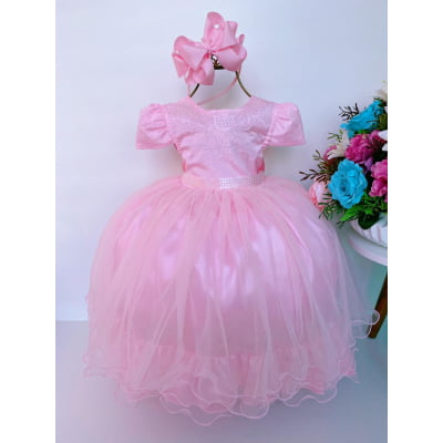 Vestido Infantil Rosa Peito C/ Strass Damas Luxo Mangas