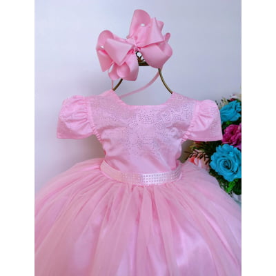 Vestido Infantil Rosa Peito C/ Strass Damas Luxo Mangas