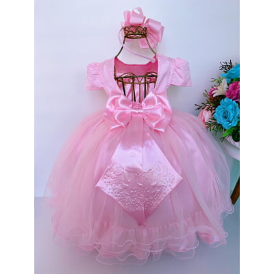 Vestido Infantil Rosa Peito C/ Strass Damas Luxo Mangas