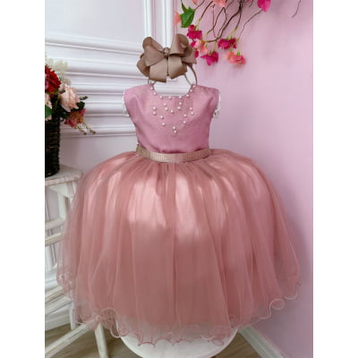 Vestido Infantil Rose C/ Strass Pérolas Damas Luxo