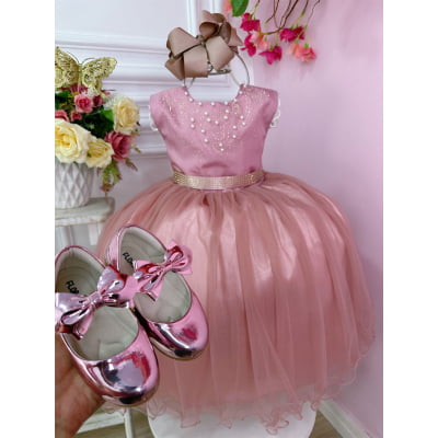 Vestido Infantil Rose C/ Strass Pérolas Damas Luxo